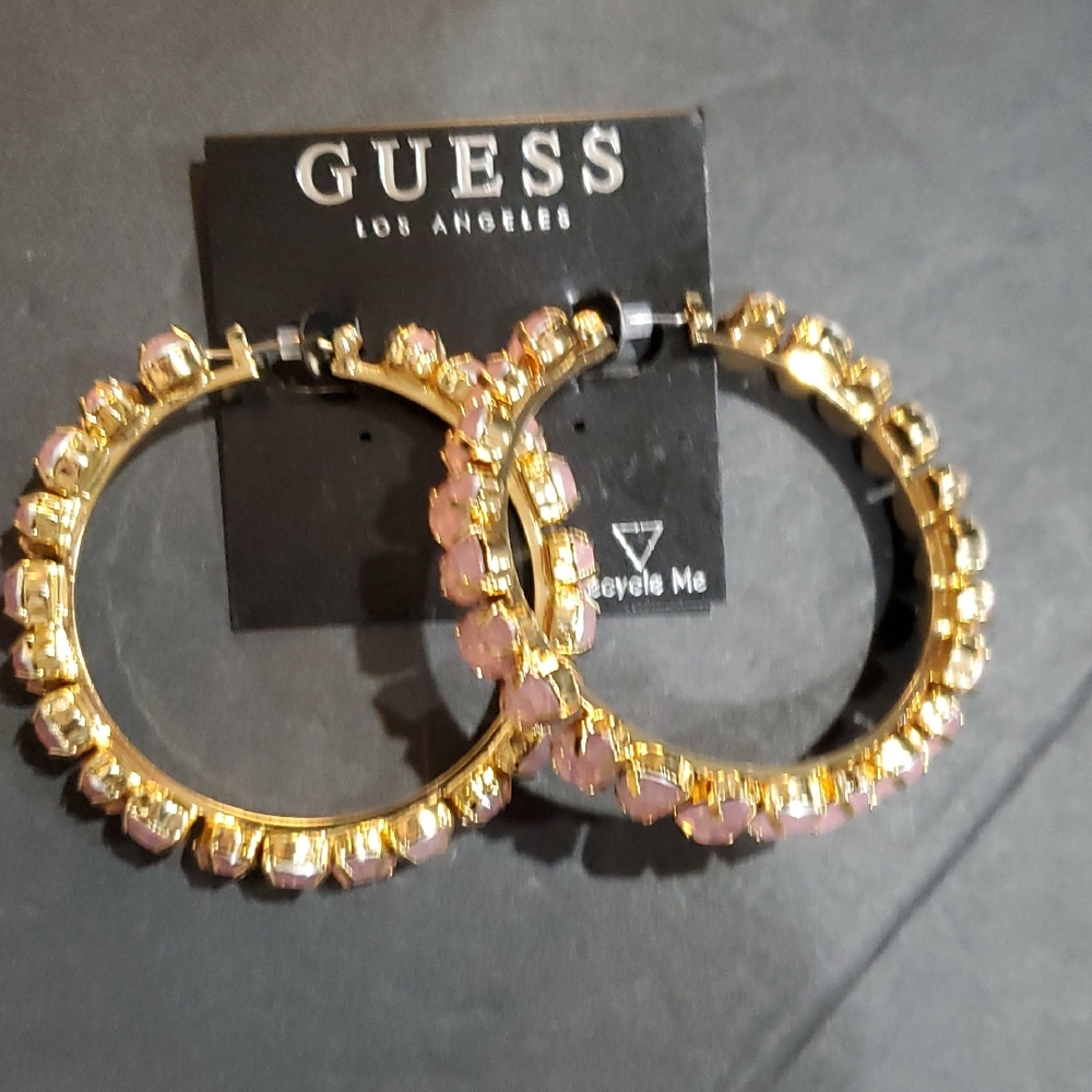 Guess pink crystal gemstone studded bling hoop earrings brand‎ new